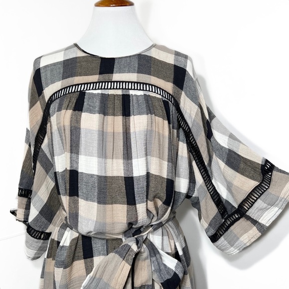 Anthropologie Black Cream Plaid Check Draped Tie Waist Belted Kimono ShirtDress - Picture 3 of 16